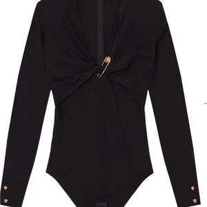 Versace TWIST-FRONT EMBELLISHED STRETCH-CREPE BODYSUIT IN NERO For Sale!
